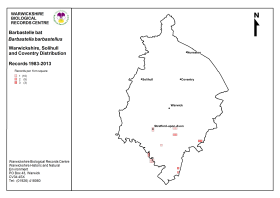 Distribution map for Barbastelle bats in Warwickshire. (Click for a full sized image)