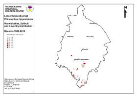 Distribution map for Lesser Horseshoe bats in Warwickshire. (Click for a full sized image)