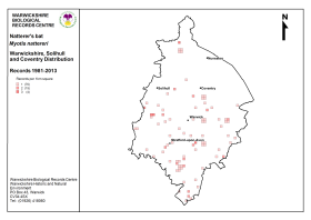 Distribution map for Natterer's bats in Warwickshire. (Click for a full sized image)