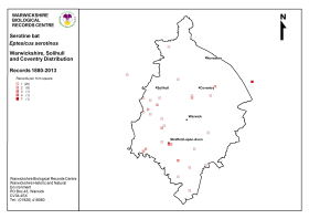 Distribution map for Serotine bats in Warwickshire. (Click for a full sized image)