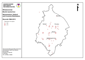 Distribution map for Whiskered bats in Warwickshire. (Click for a full sized image)